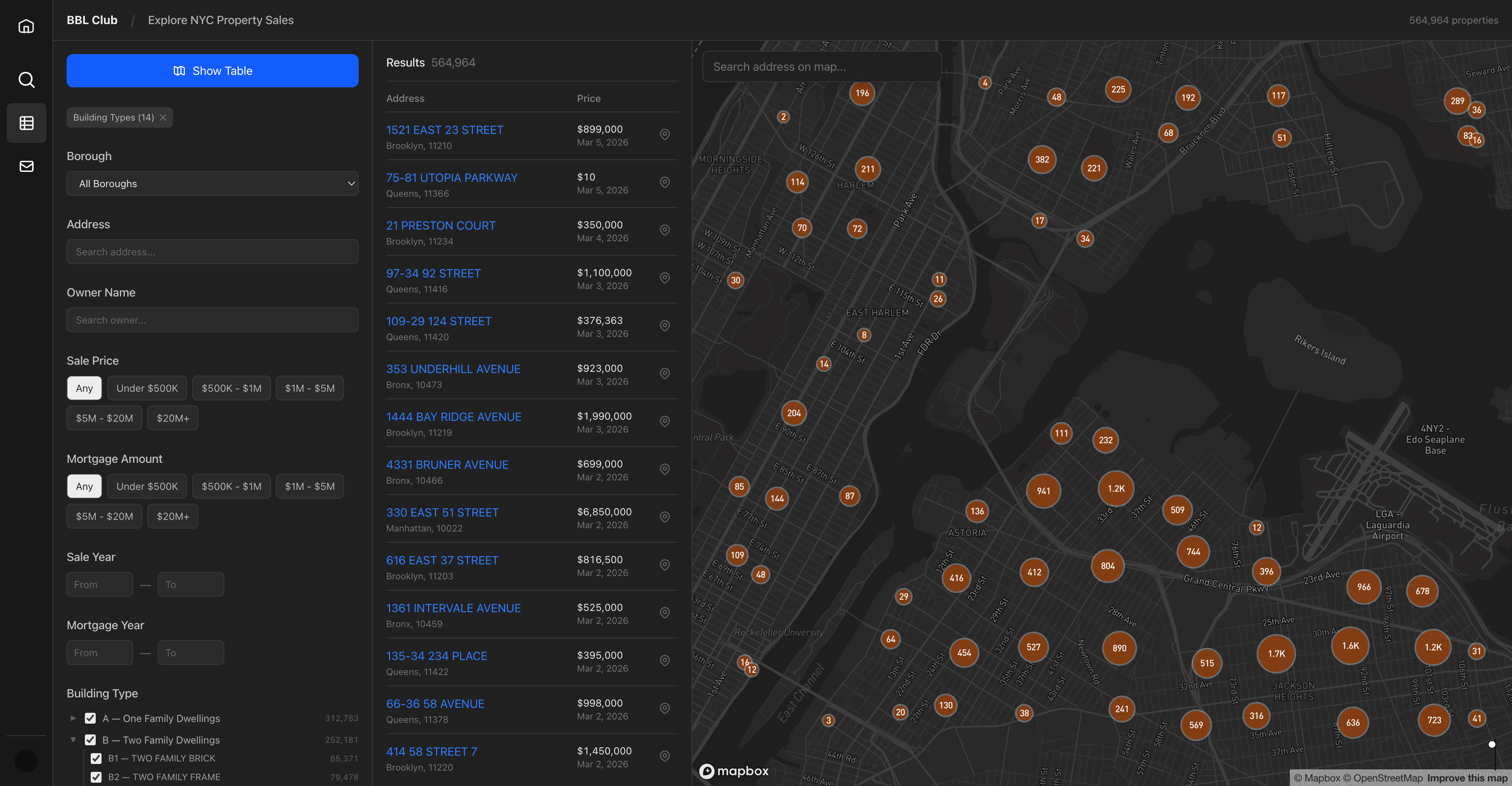 Explore page showing interactive map with property clusters, filter panel with building type tree, and sortable results table for NYC property sales